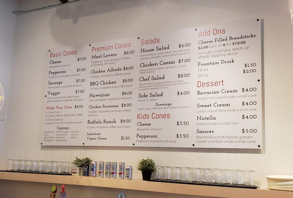 The menu board at Coned Pizza in Boise.