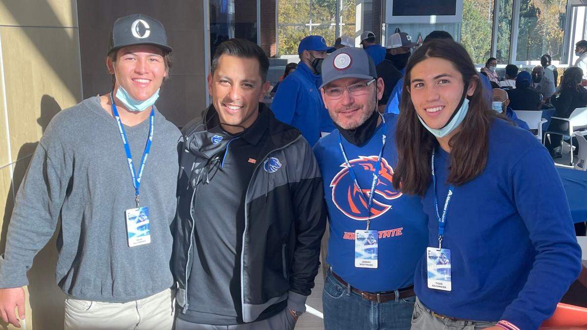 Boise State quarterback Hank Bachmeier’s younger brothers, Tiger and Bear, took unofficial visits to Boise State on Saturday. Pictured, from left, are: Bear Bachmeier, Boise State football coach Andy Avalos, Jeremy Bachmeier and Tiger Bachmeier. Jeremy is the Bachmeier brothers’ uncle.