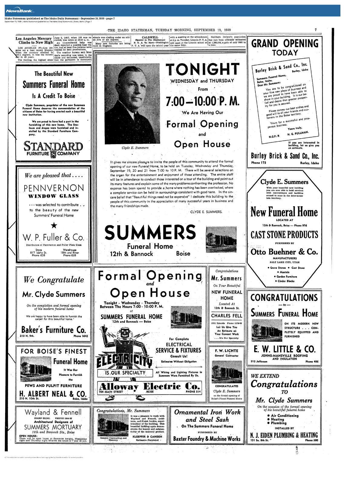 Advertisement that ran in the Idaho Statesman on Sept. 19, 1939, for the grand opening of Summers Funeral Home’s new building at 1205 W. Bannock St.