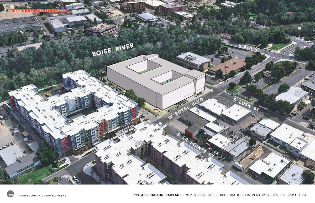 The Lusk District is no stranger to student housing. The proposed 65-foot student apartment building on South Lusk Street would be adjacent to Green Leaf River Edge, another student apartment building, at left. Green Leaf River Edge is across Royal Boulevard from a second student apartment known as LaPointe, in lower foreground. Both opened in 2015.