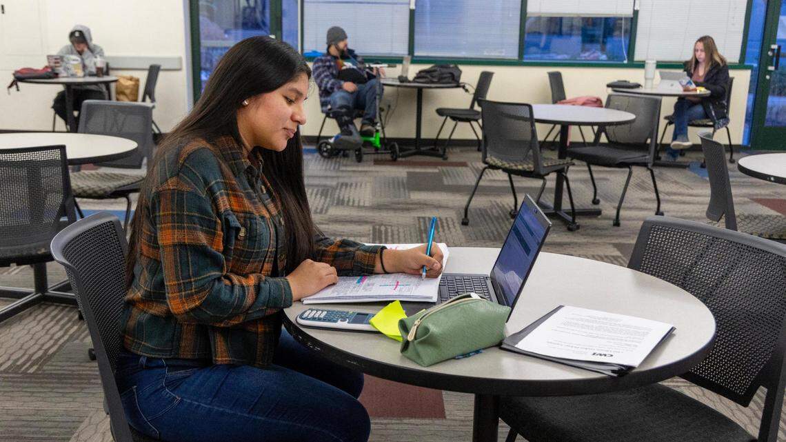 College of Western Idaho business student Elizabeth Pereyra studies for a final exam at Pintail Center in Boise.