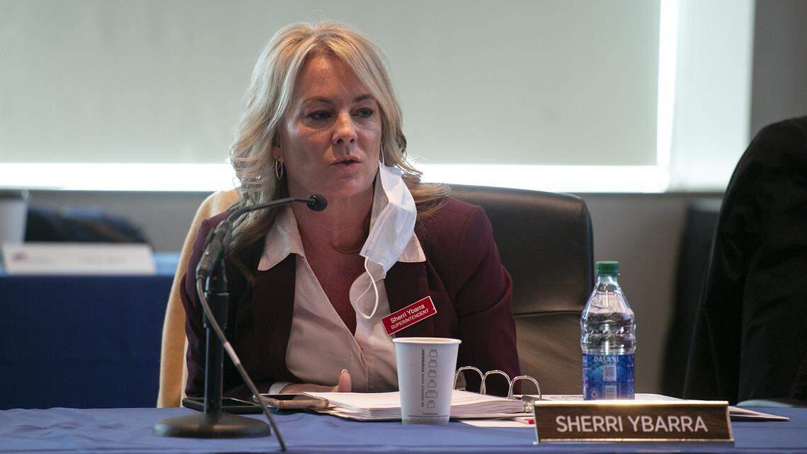 State Superintendent of Public Instruction Sherri Ybarra speaks at a State Board of Education meeting in February.