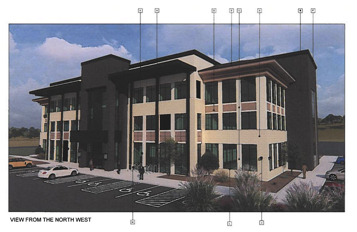 Brandon Whallon, of Hawkins Companies, is requesting that the Eagle Design Review Board approve its 3-story office building on the corner of East Eagles Gate Drive and East Colchester Drive within the Lakemoor Commercial South Subdivision.