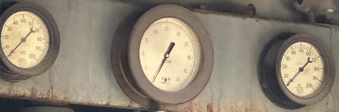 The gauges inside the Bucyrus-Erie B-3, a coal-fired, steam-driven excavator built by Bucyrus International, Inc., of Milwaukee, Wisconsin.