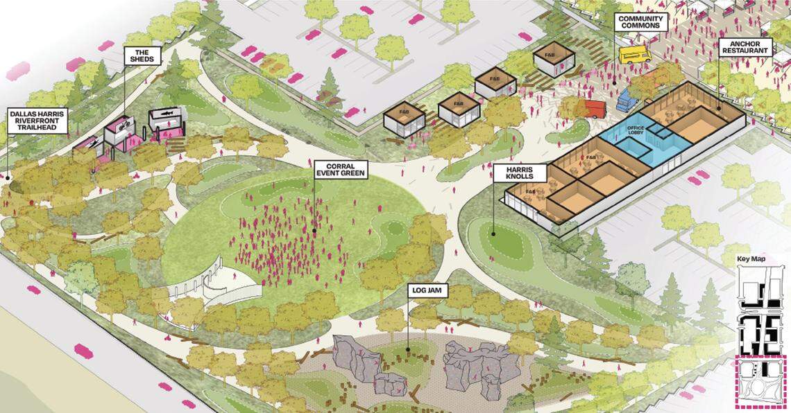 Original plans called for an outdoor area with an amphitheater and children play spaces at the south end of the proposed three-block Harris Ranch town center.