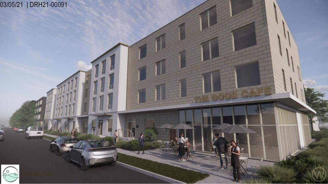 New renderings show plans for affordable housing with mixed-use retail space at the intersection of Franklin and Orchard.