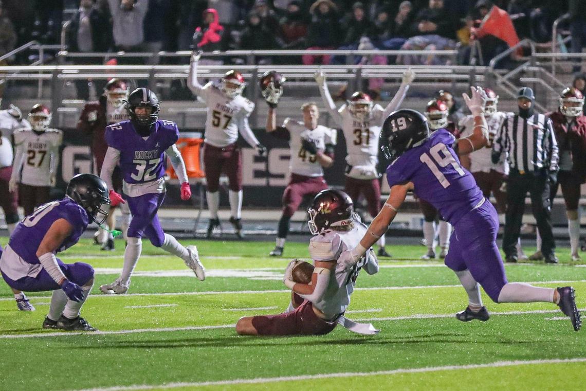 Rigby wide receiver Brady Packer catches a victory-clinching pass during a 5A state semifinal game Friday against Rocky Mountain.