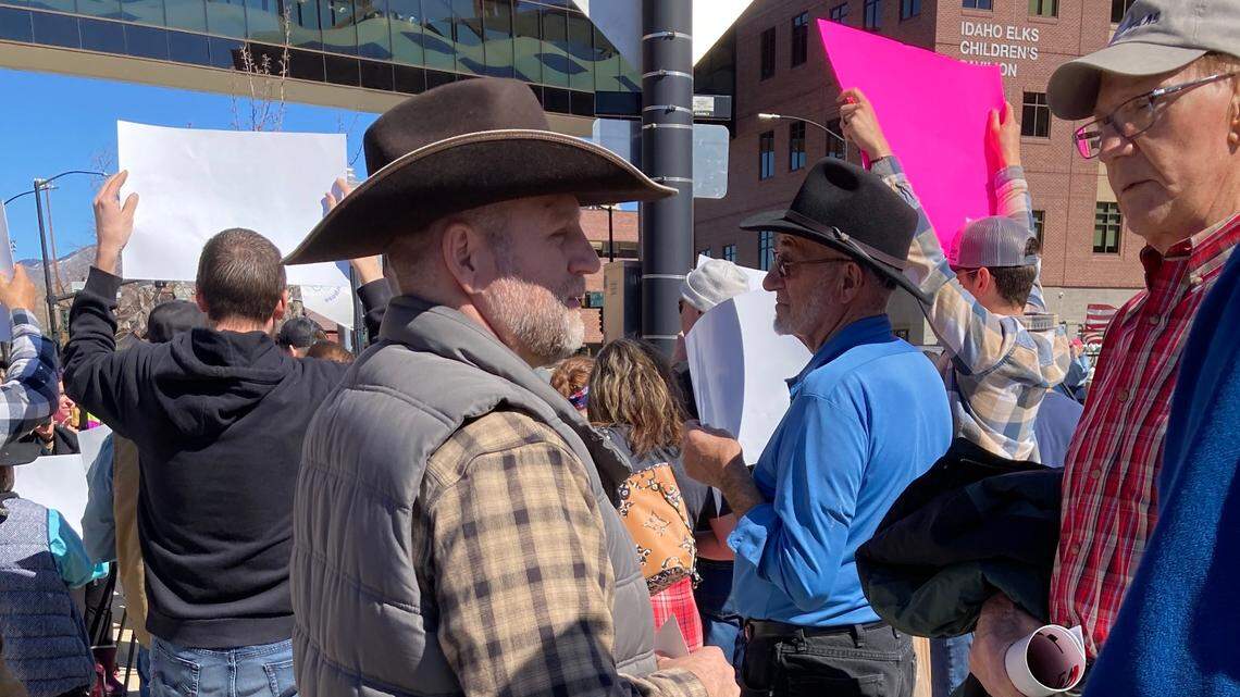 Ammon Bundy attends a protest at St. Luke’s Boise Medical Center.