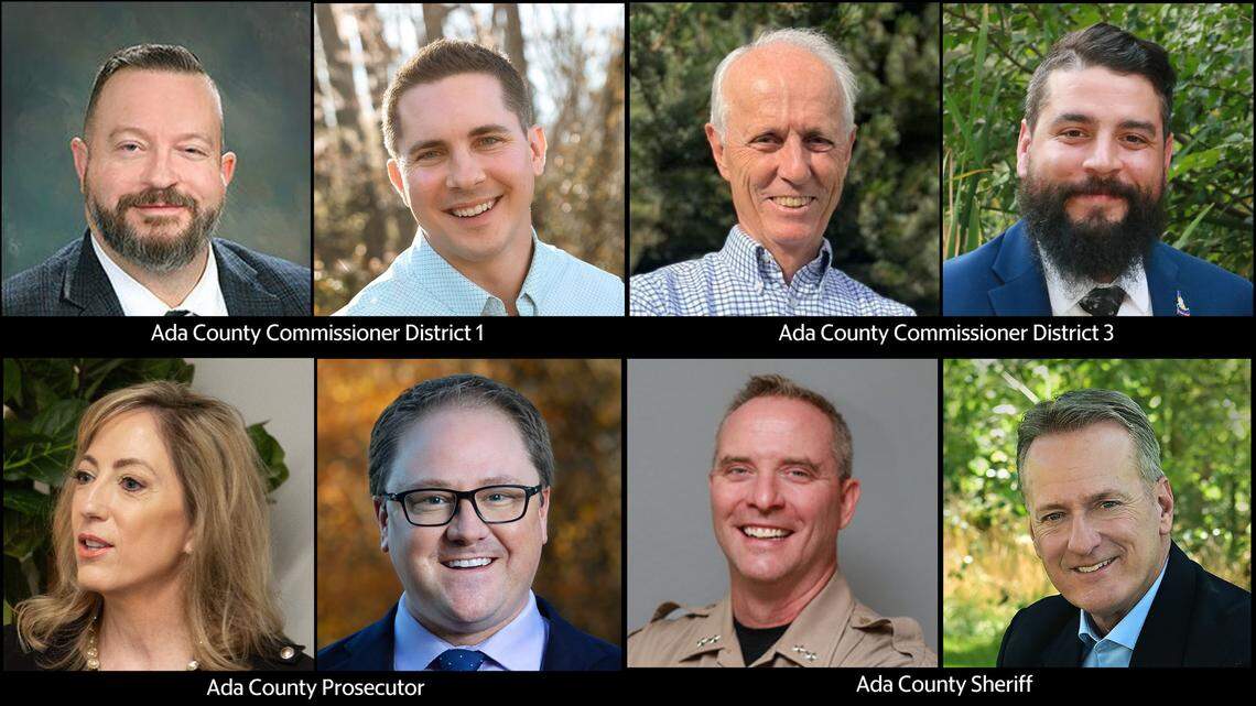 Candidates for Ada County commissioner, prosecutor and sheriff in the Nov. 5, 2024 election. Clockwise from top left: Ryan Davidson (R), Jonathan Lashley (D), Tom Dayley (R), Devin Gutierrez (D), Jan Bennetts (R), Johnathan Baldauf (D), Matt Clifford (R) and Doug Traubel (Constitution).
