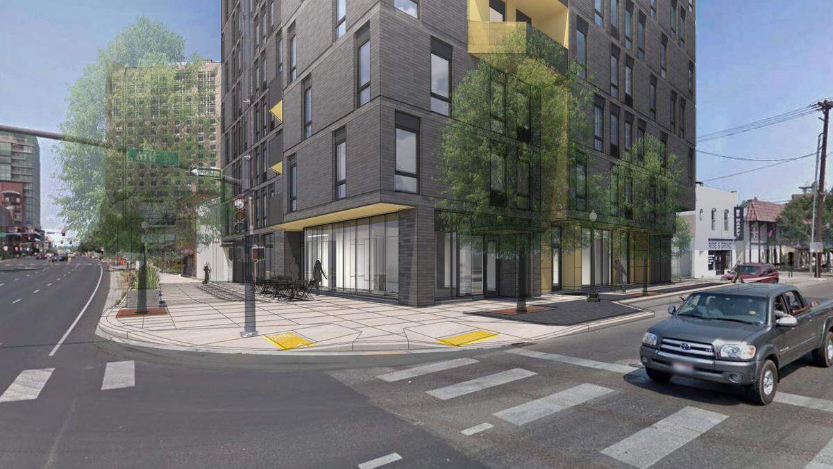 The Vanguard is under construction on the northwest corner of 6th and Front Streets. Here, an artist’s rendering of the building’s ground floor, which will include 2,596 square feet of retail space.