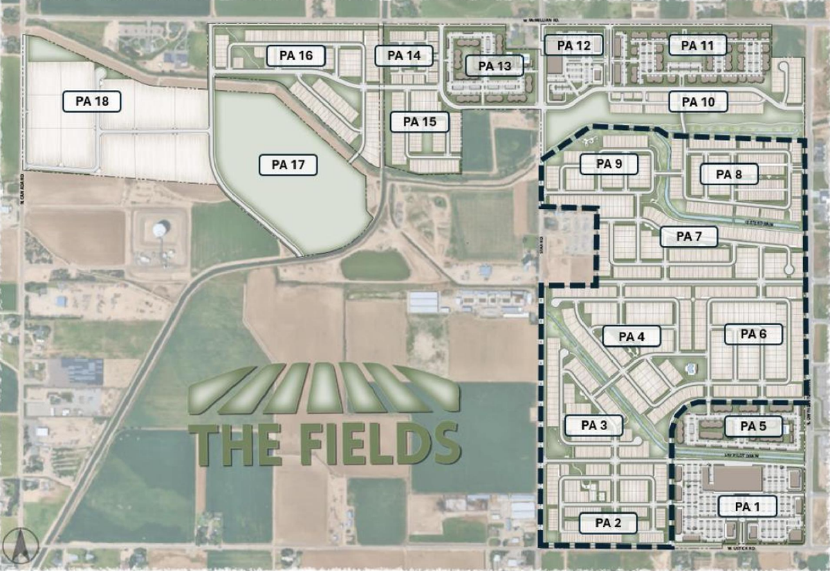 A conceptual plan shows the 480-acre proposed development southwest of McMillan and Owyhee Storm roads. The area outlined in dotted black is the proposed Westveil subdivision, the first section developers propose to build.