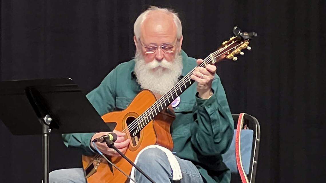 Bill Thompson plays guitar in the four-piece klezmer band Gefilte Trout, based in Moscow. He performed with the band in November 2024 at the annual Spokane Fall Folk Festival.