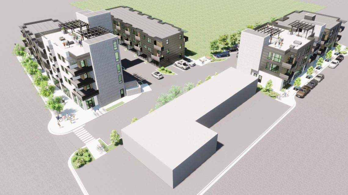 The three buildings of Shavasana Urban Living can be seen at left, center top and to the right of Push & Pour, in the center of this west-facing aerial rendering.