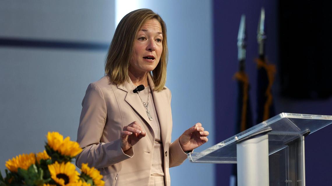 Boise Mayor Lauren McLean presents her State of the City address to a live audience in the JUMP Pioneer Room on Wednesday.