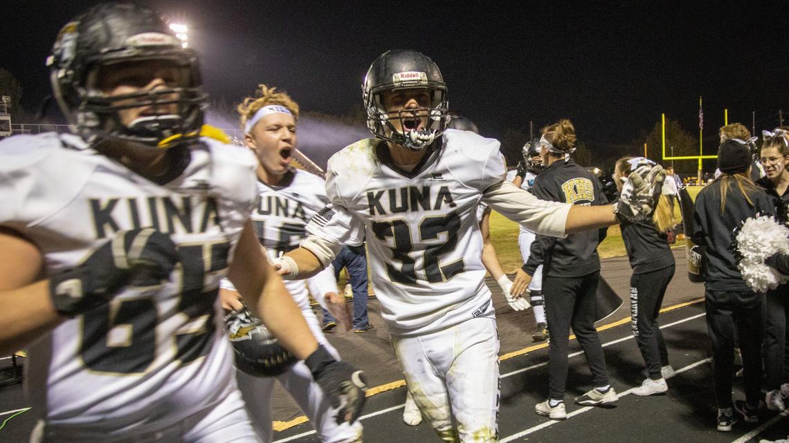 Kuna running back Jonathan Edwards cheers with the crowd after their 48-6 win over Bishop Kelly on Friday. No. 1-ranked Kuna remains undefeated, clinched a 4A SIC title and snapped a 12-game losing streak to the Knights.
