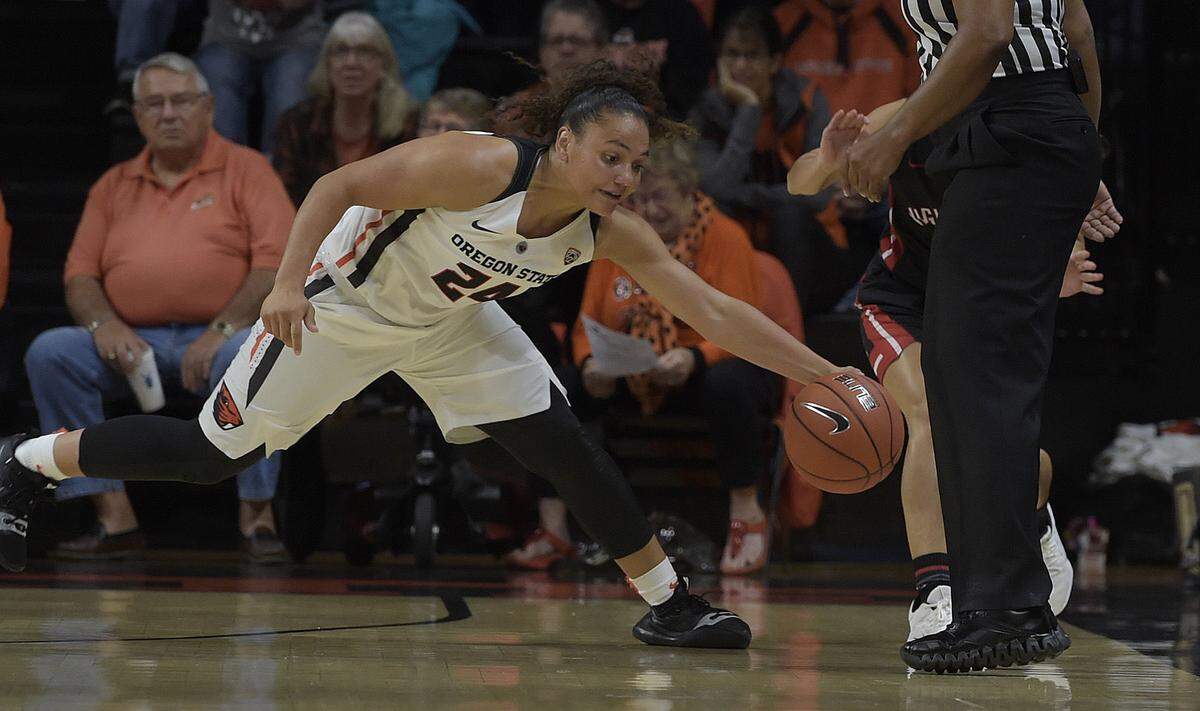 Former Idaho player of the year Destiny Slocum reaches for a loose ball during an exhibition game Nov. 2 against NNU. Slocum has been one of the nation’s best players this season for Oregon State.