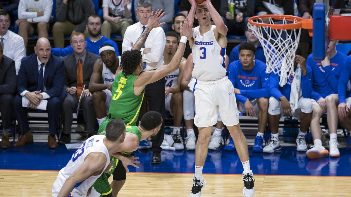 Boise State guard Justinian Jessup hits a jumper in the second half against Oregon on Saturday, Dec. 29, 2018, at Taco Bell Arena in Boise.
