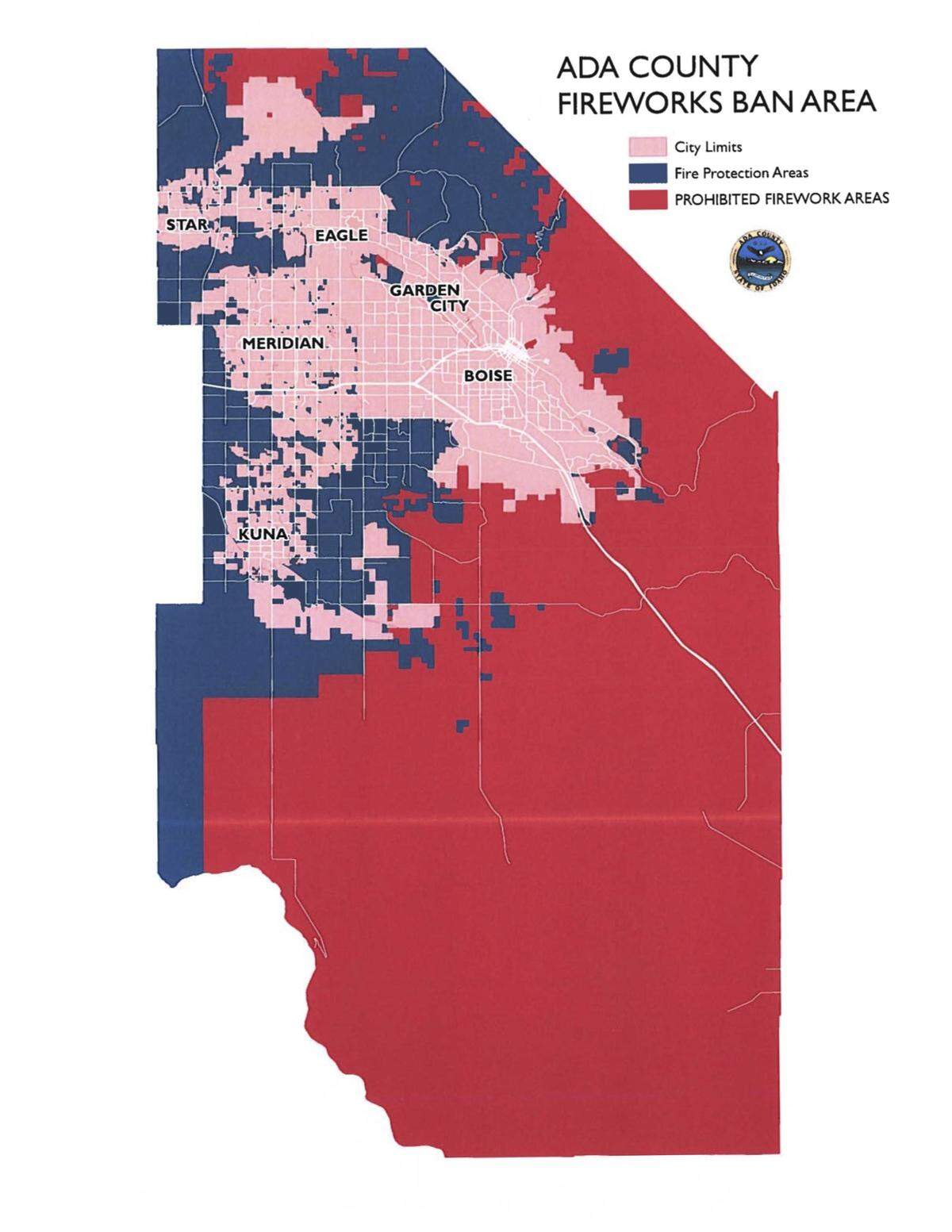 This map shows where fireworks are banned in unincorporated Ada County. The Ada County Commission voted on June 22, 2021, to reenact a ban of all fireworks – including those deemed “safe and sane” – in some parts of the county due to wildfire risk.