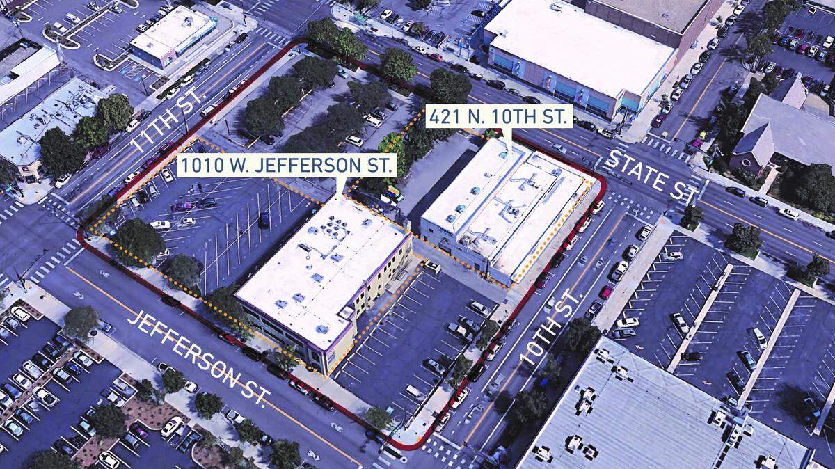 The Capital City Development Corp., Boise’s urban renewal agency, bought the two buildings on this block in 2017 for redevelopment. The block is bordered by State Street at the top, Jefferson Street at the bottom, 11th Street at left, and 10th Street at right.The Downtown Boise YMCA is at the top of this image. Provided by CCDC