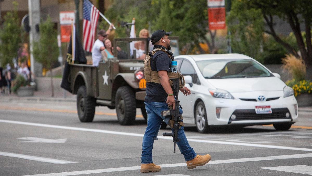 Counterprotesters, many of them armed, gathered at Boise City Hall in anticipation of a Black Lives Matter rally on Tuesday evening. The rally, however, was held at Ann Morrison Park. About two hours later, the Black Lives Matters protesters started to march up Capitol Boulevard to City Hall, but turned around at Front Street to avoid a confrontation.