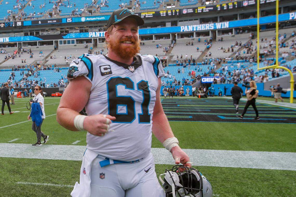 Carolina Panthers center Matt Paradis runs off the field after Carolina defeated the New Orleans Saints 26-7 in on Sept. 19 in Charlotte, N.C.