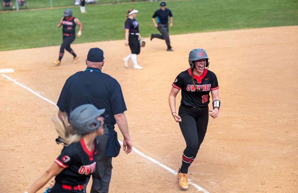 Owyhee junior Grace Brooks runs to home plate during their game against Rocky Mountain for the 5A District Three Tournament championship at Mountain Cove Field, Thursday, May 9, 2024.