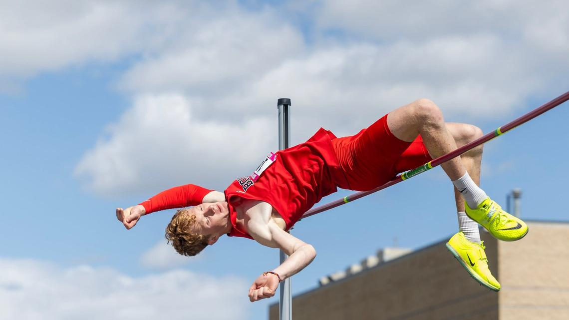 Jordan McDonald of Boise clears 6 feet, 8 inches to take first place in 5A high jump at the state track and field championships last at May at Mountain View High School.