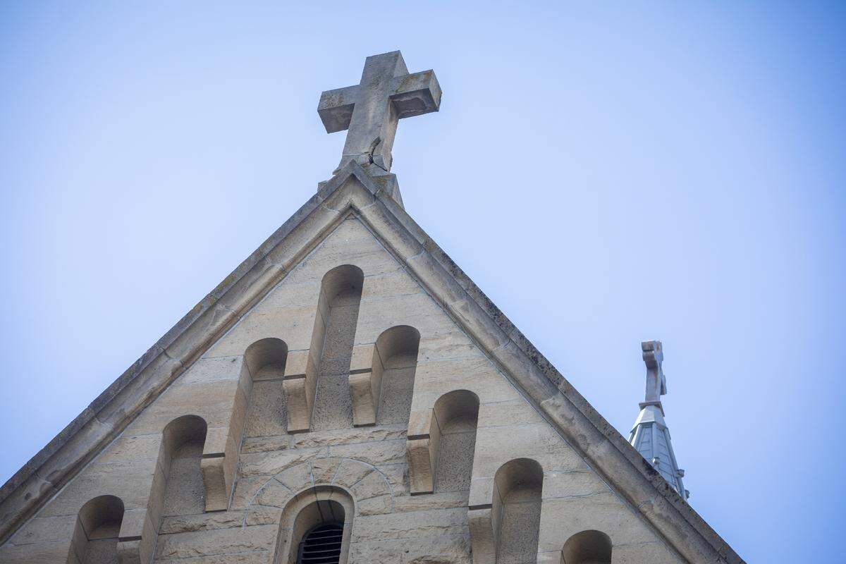 The north cross atop St. John’s Cathedral in Downtown Boise is twisted and cracked as a result of the March 31 earthquake.