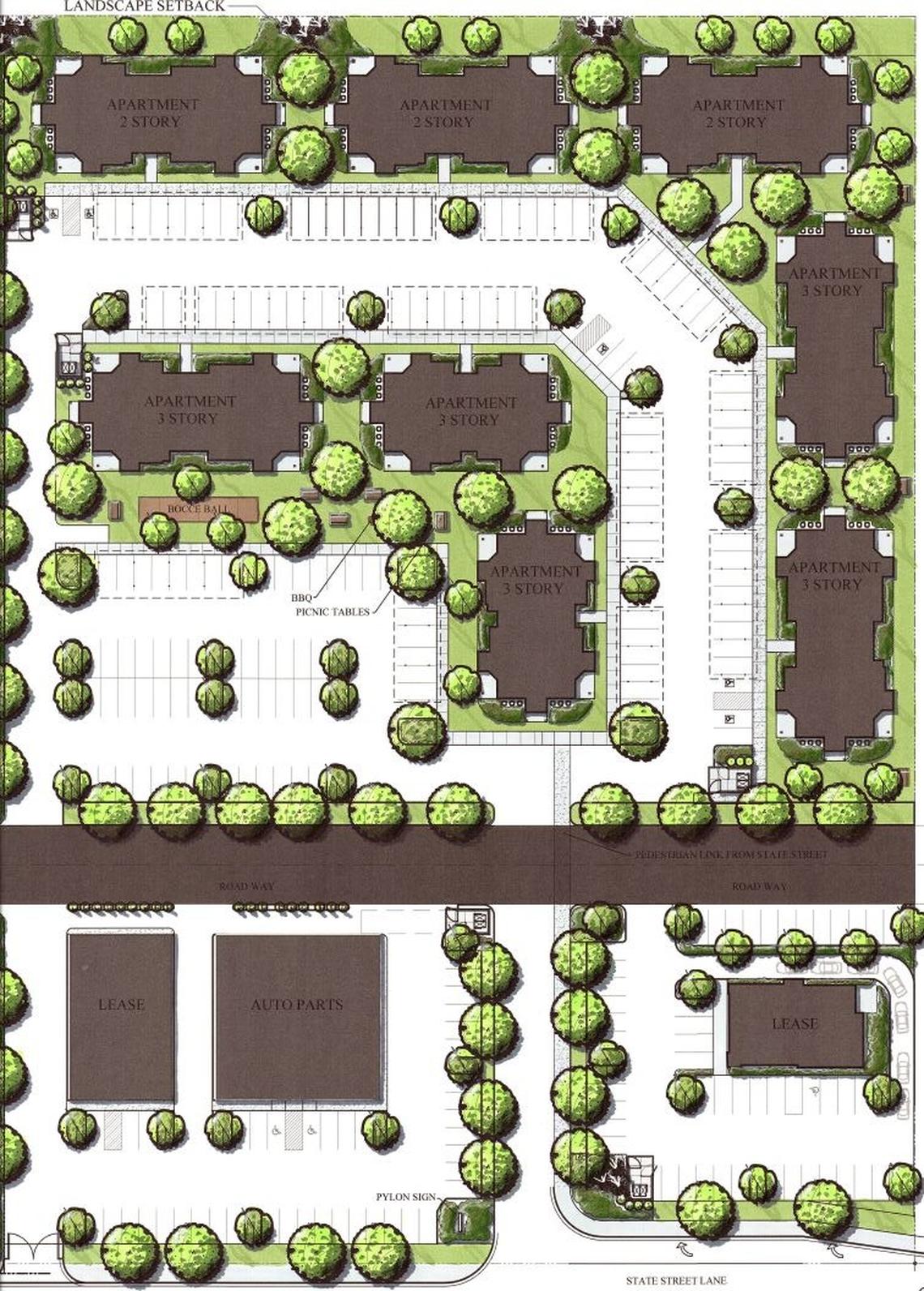 NorthWest Development Co. is seeking approval from the city of Star to build these three commercial buildings facing State Street, as well as an 84-unit apartment complex.