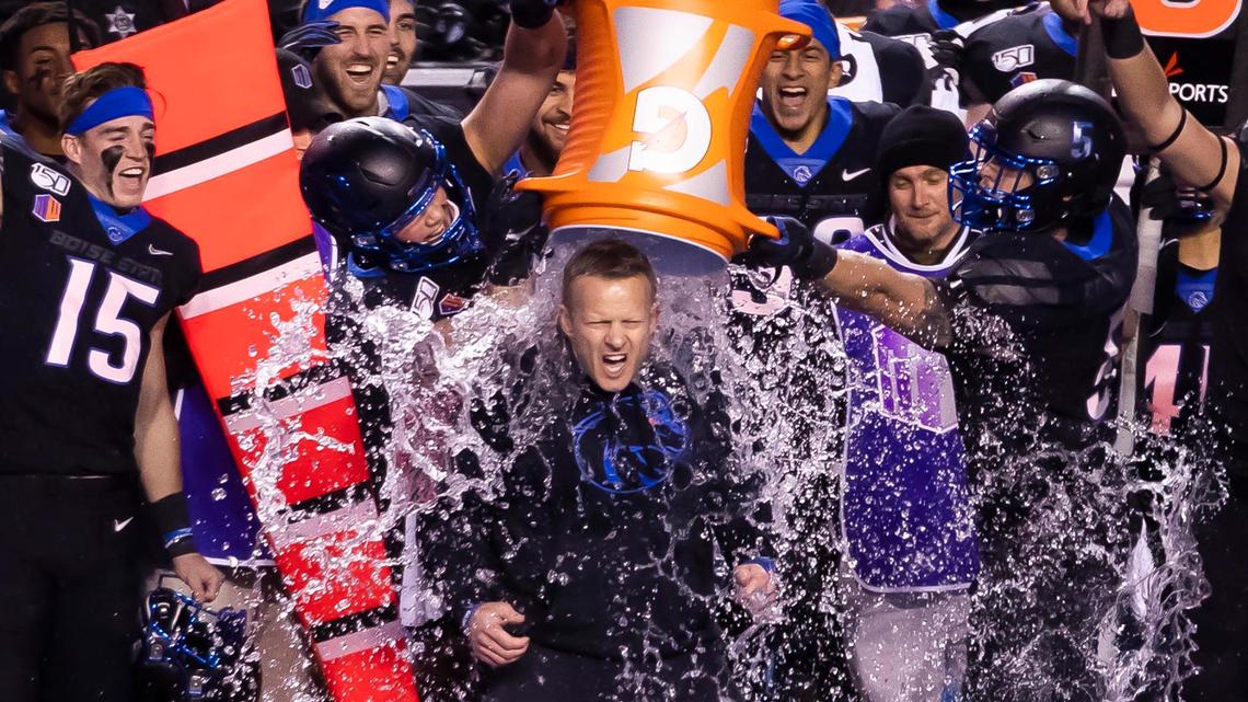 Boise State football coach Bryan Harsin gets a Gatorade bath on Dec. 7, 2019, after a 31-10 win over Hawaii in the Mountain West Conference championship at Albertsons Stadium.