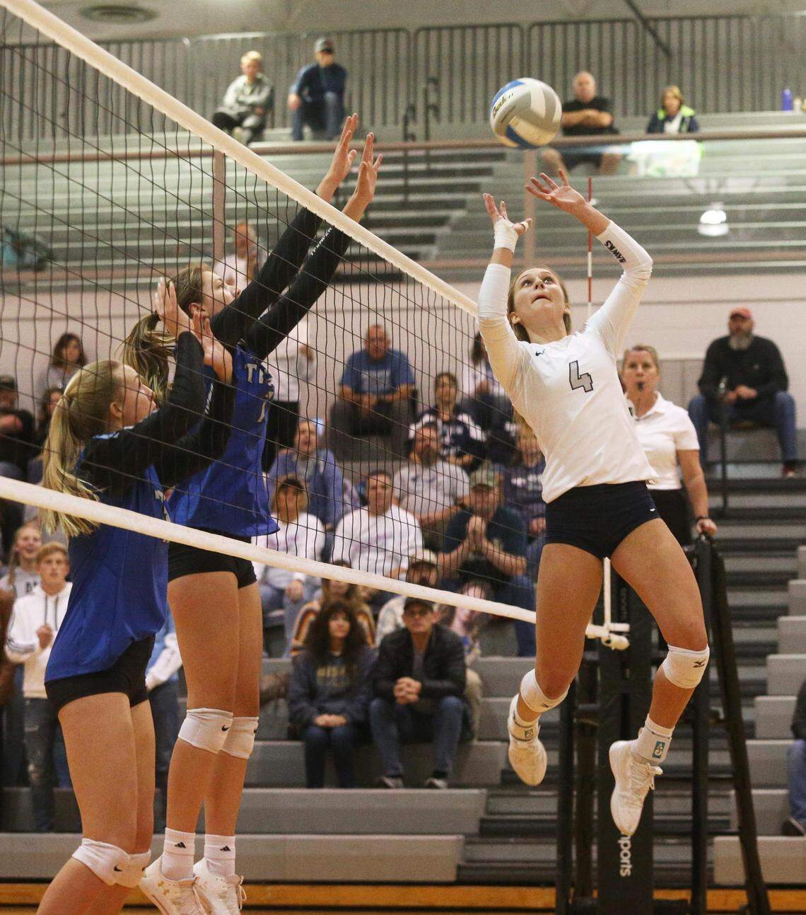 Skyview’s Gracie Delbo sets up a teammate for a spike in the Idaho 5A state volleyball championship game against Thunder Ridge Saturday in Post Falls.