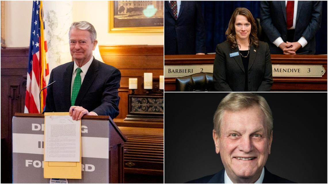 Idaho Gov. Brad Little, left, is the latest Republican candidate to back out of the Idaho Debates, following Idaho Rep. Priscilla Giddings, top right, and U.S. Rep. Mike Simpson, R-Idaho.