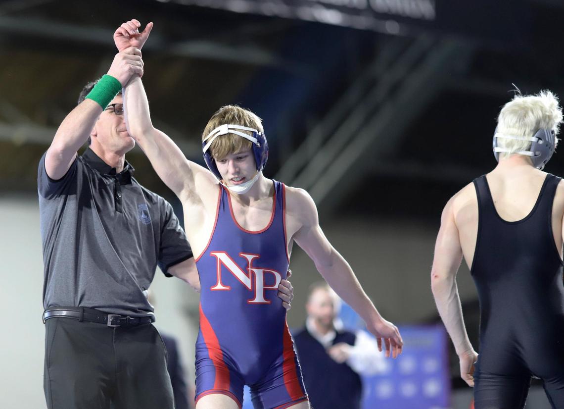 New Plymouth senior Kyle Rice pinned his way to the 2A 138-pound state title at Pocatello’s Holt Arena for his fourth state title.