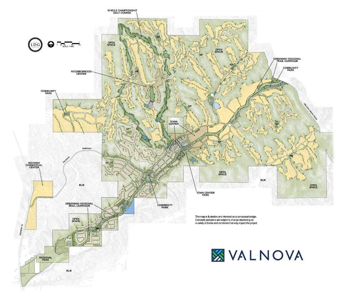 Spring Valley, or Valnova, would feature parks, town centers, a golf course, greenway and commercial center as shown in this map.