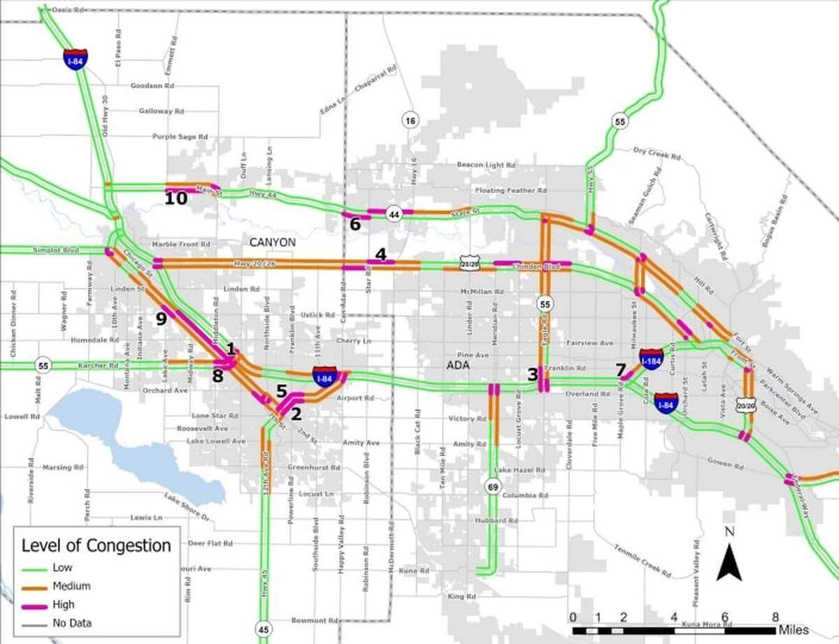 This Compass map shows the 10 most congested segments at least half a mile long on Treasure Valley interstate and state highways in 2021. The roads were measured at peak-period maximums and do not include roads maintained by the Ada County Highway District and Canyon County’s city street departments and local highway districts. The green roads experienced low levels of congestion, while the orange have medium levels and the pink have high levels.