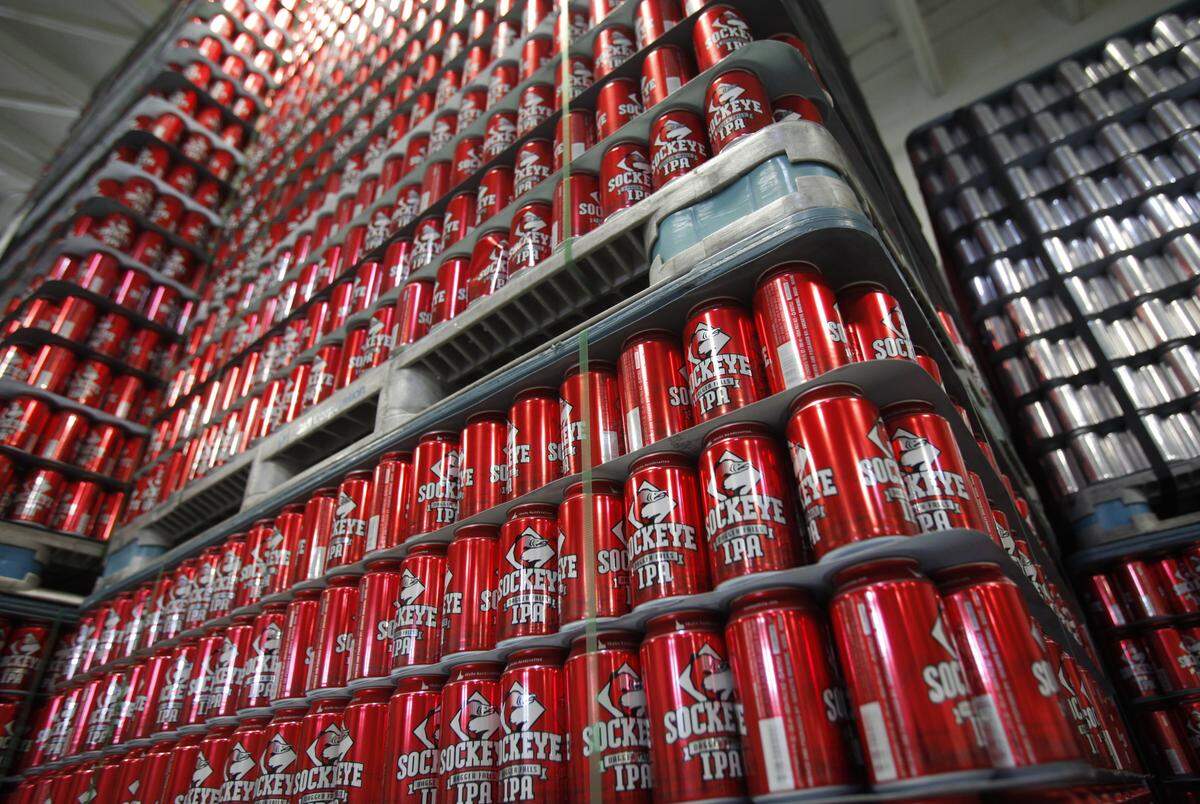 Cans of Sockeye Brewing’s Dagger Falls IPA stacked at the brewery on Fairview Avenue in Boise.