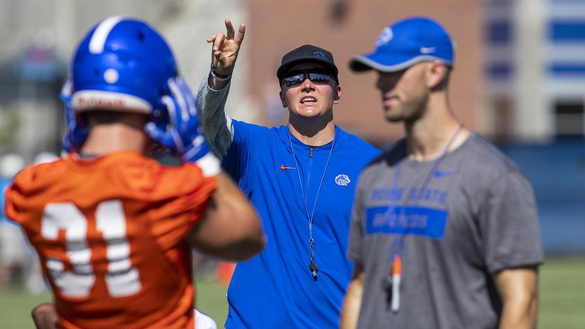 Boise State defensive line coach Spencer Danielson at the Broncos fall camp Friday, Aug. 2, 2019.