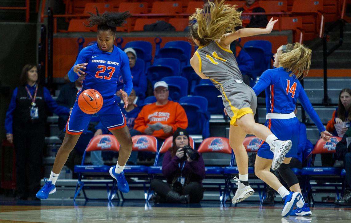 Boise State guard Jayde Christopher steals the ball from Wyoming guard Quinn Weidemann in the first half Wednesday, Feb. 5, 2020, at ExtraMile Arena in Boise.