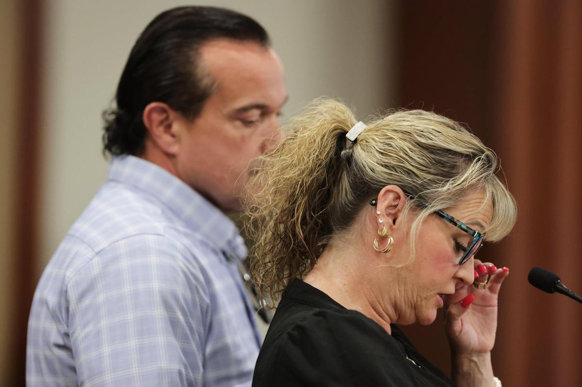 Kristi Goncalves, right, mother of victim Kaylee Goncalves, speaks at the sentencing hearing of Bryan Kohberger on July 23, 2025, at the Ada County Courthouse as husband Steve Goncalves looks on. Kohberger was sentenced to life in prison for killing four University of Idaho students in November 2022.