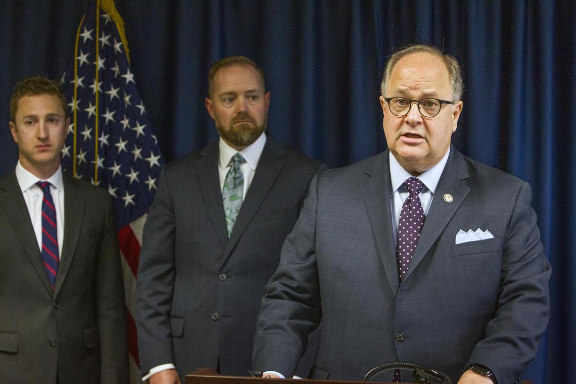 Bart Davis, right, former U.S. Attorney for Idaho, employed federal prosecutor Josh Hurwit, left, on his staff for his tenure during President Donald Trump’s first term. Hurwit was later appointed to the U.S. Attorney for Idaho role by former President Joe Biden, and has now joined the prosecution of college student homicide suspect Bryan Kohberger. Also pictured, Idaho Department of Correction Director Josh Tewalt.