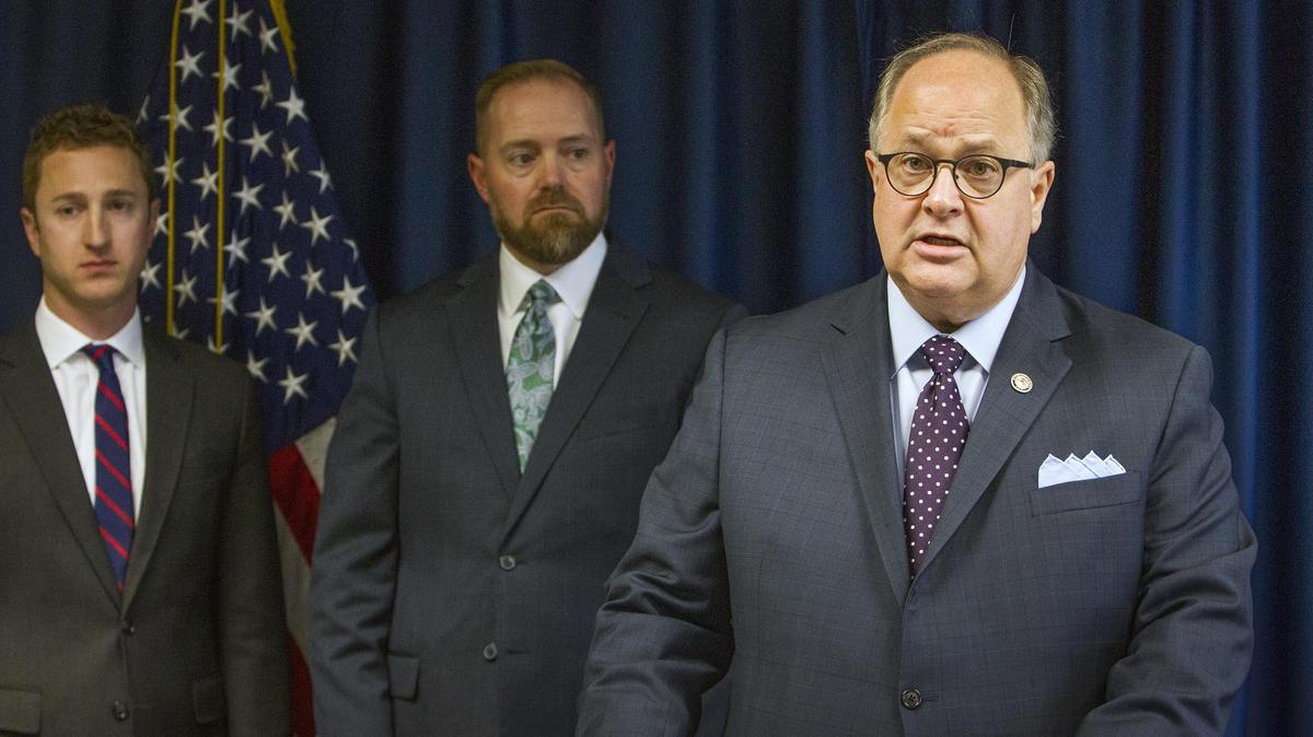 Josh Hurwit, left, then-assistant U.S. attorney for the District of Idaho, appears at a press conference in May 2019 with Bart Davis, right, former U.S. attorney for the District of Idaho. Hurwit, 42, was confirmed by the U.S. Senate for the state’s lead prosecutor role on Monday, June 13, 2022.