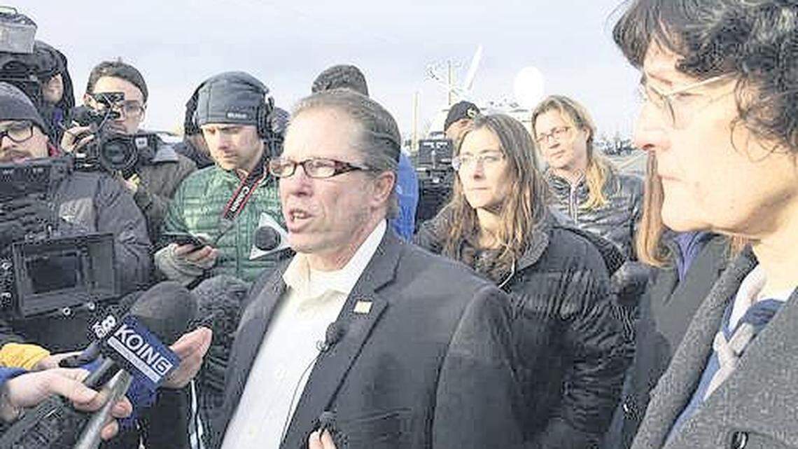 Idaho Rep. Heather Scott, back center, and Idaho Rep. Judy Boyle, right, both Republicans, attend a press conference with Nevada Assemblyman John Moore and others at the Malheur National Wildlife Refuge in 2016.