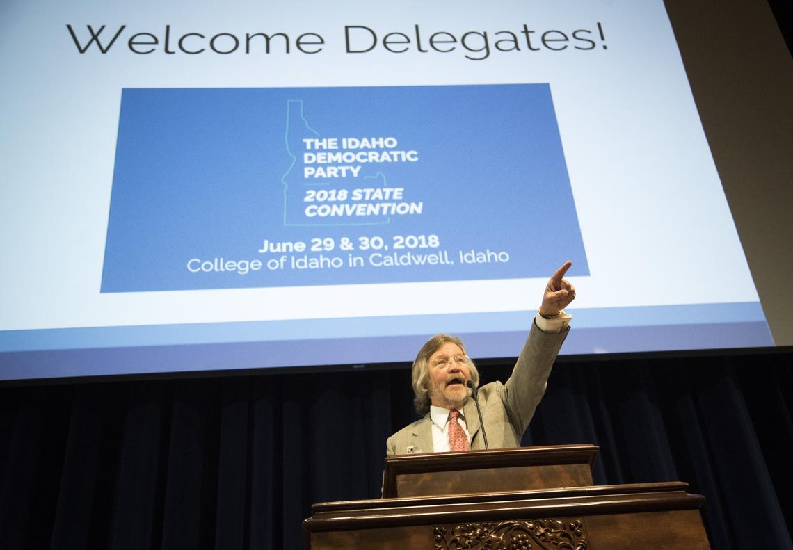 Idaho Democratic Party Chair Bert Marley tends to business at the opening of the state convention.