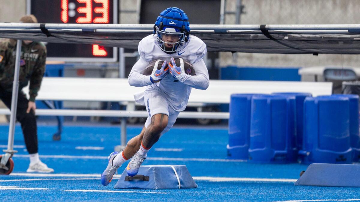 Boise State transfer running back Malik Sherrod works out in spring practice this year.