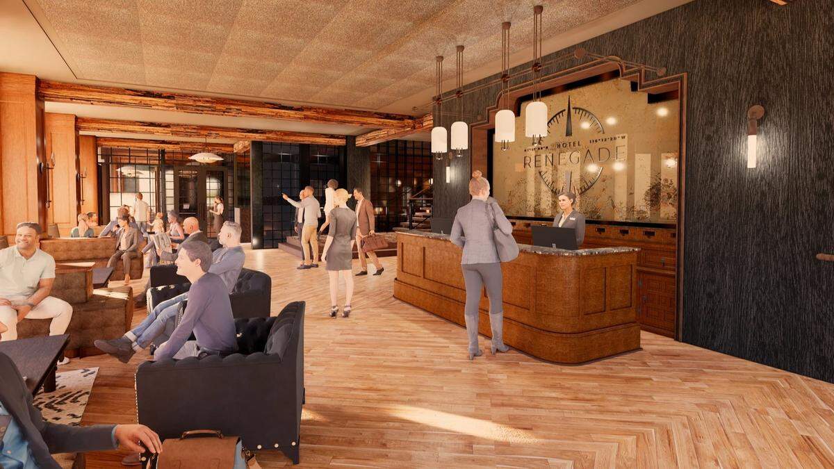 Hotel Renegade attempts to merge the West and Idaho with the Midwest and Wisconsin, where the hotel developers are based. This rendering shows the proposed lobby of Hotel Renegade.