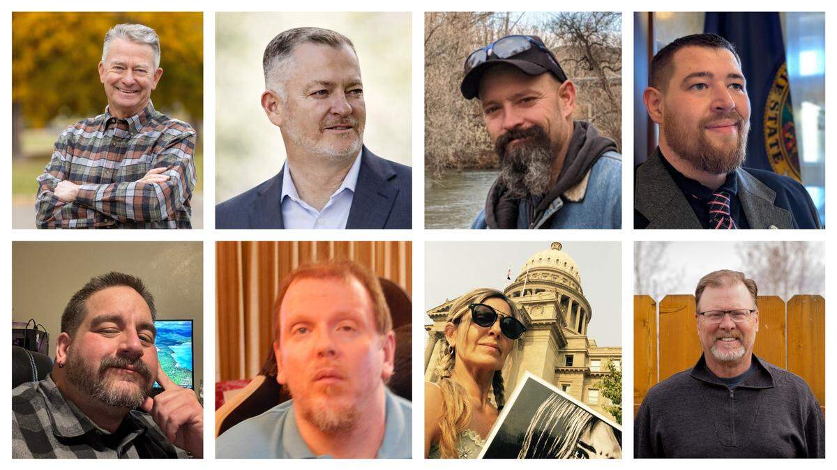 Republican candidates for Idaho governor, from left, top row, incumbent Gov. Brad Little, Mark Fitzpatrick, Justin Plante, Sean Crystal, bottom row, Daniel Fowler, Ethan Giles, Lisa Marie and Ron James.