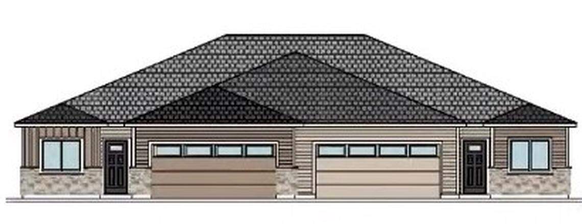  This sketch shows one of the planned Goddard Creek Subdivision's duplex designs with a hip roof. 