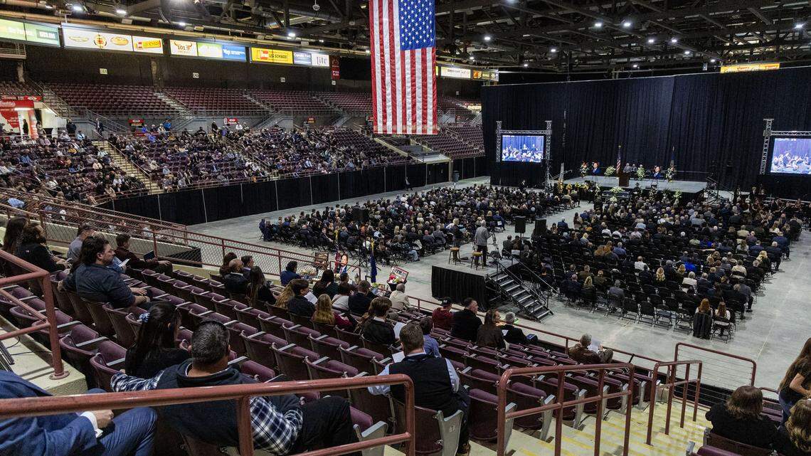 Nampa residents, coworkers and dignitaries gather with family for a memorial honoring Mayor Rick Hogaboam, who died unexpectedly during a medical emergency while at a public meeting March 18. Hundreds of people attended the memorial at Ford Idaho Center, in Nampa, Tuesday, March 31, 2026.
