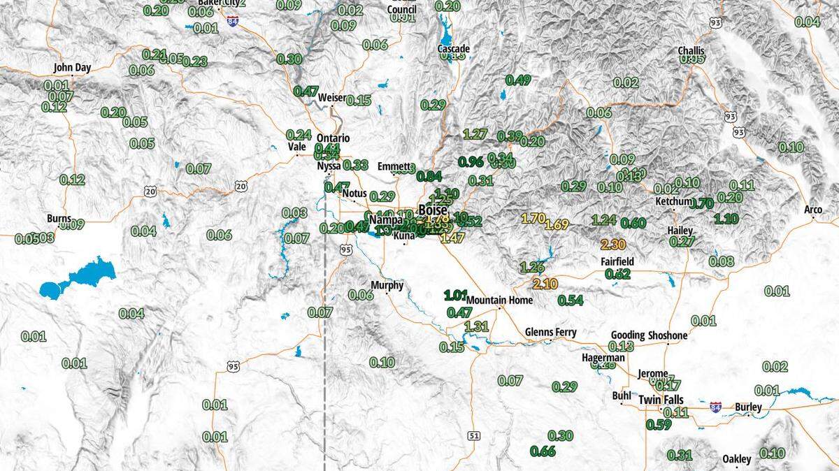 A National Weather Service graphic shows precipitation totals around the Treasure Valley from a storm on Saturday, July 31, 2021.