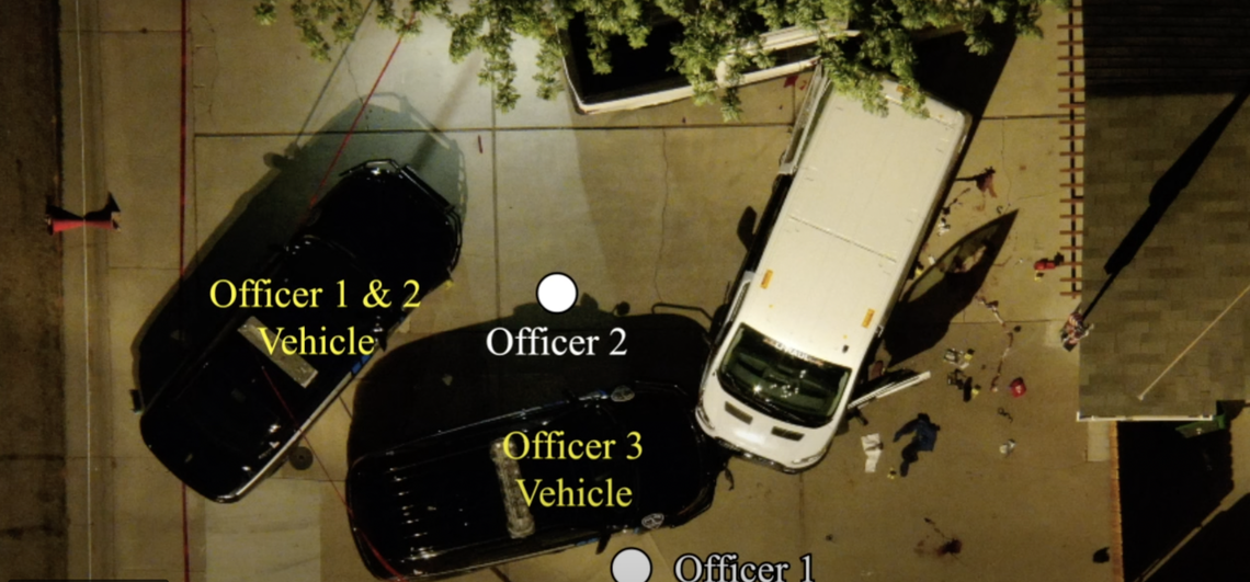 The officers’ locations during the shooting. The officers — David Skube and R. Denny — were “justified in their actions” after they shot a total of 10 bullets at Smith, the Boise Police Department said.&nbsp;